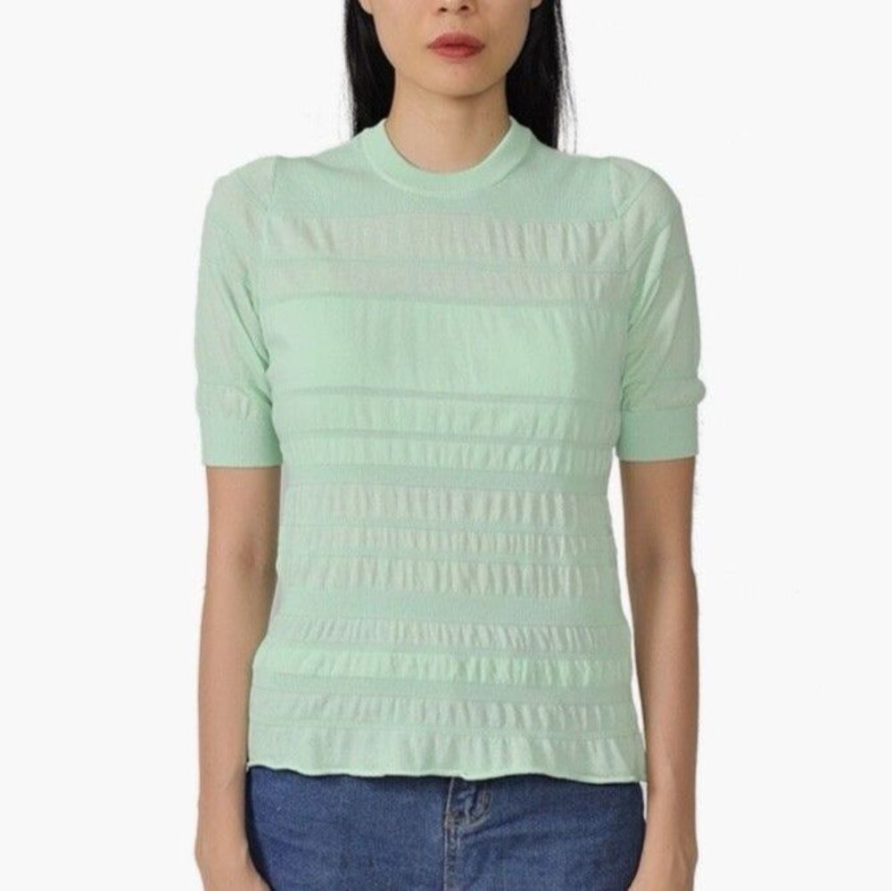 KENZO Smocked Short Sleeve Knit Sweater XS Almond Green Balletcore Quiet Luxury